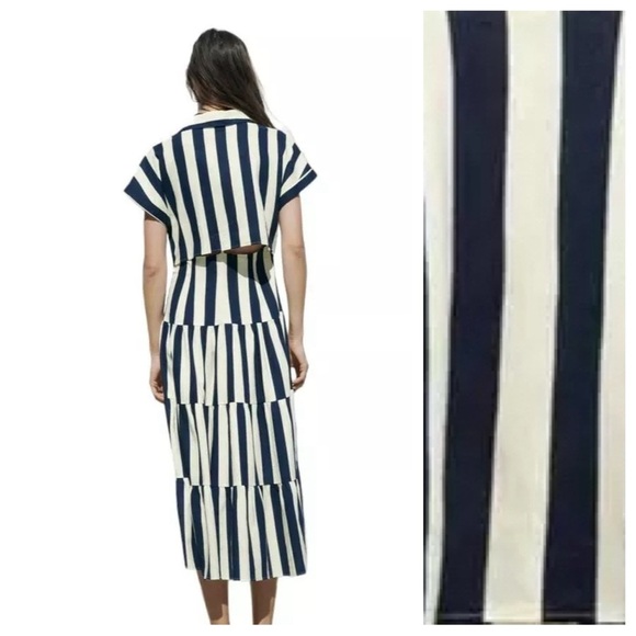 NWT. Zara Navy Blue/Cream Striped Linen Blend Midi Dress. Size L. - Picture 2 of 7